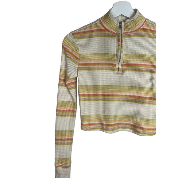 SO Top Womens Small Shirt Waffle Knit Fall Mock Neck Zip Tan Orange Striped - Picture 2 of 14